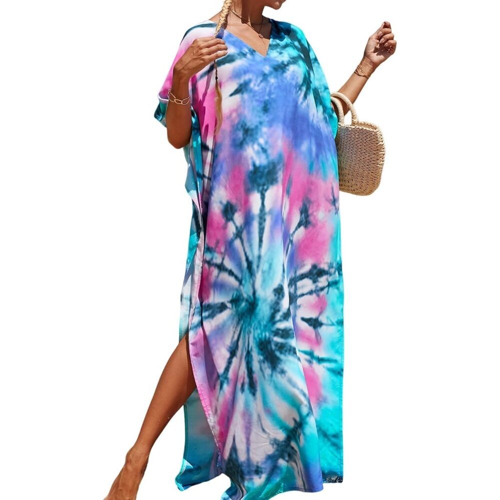 Women's Multi Blue 100% Polyester V Neck Summer Beach Dresses Cover Caftan Maxi